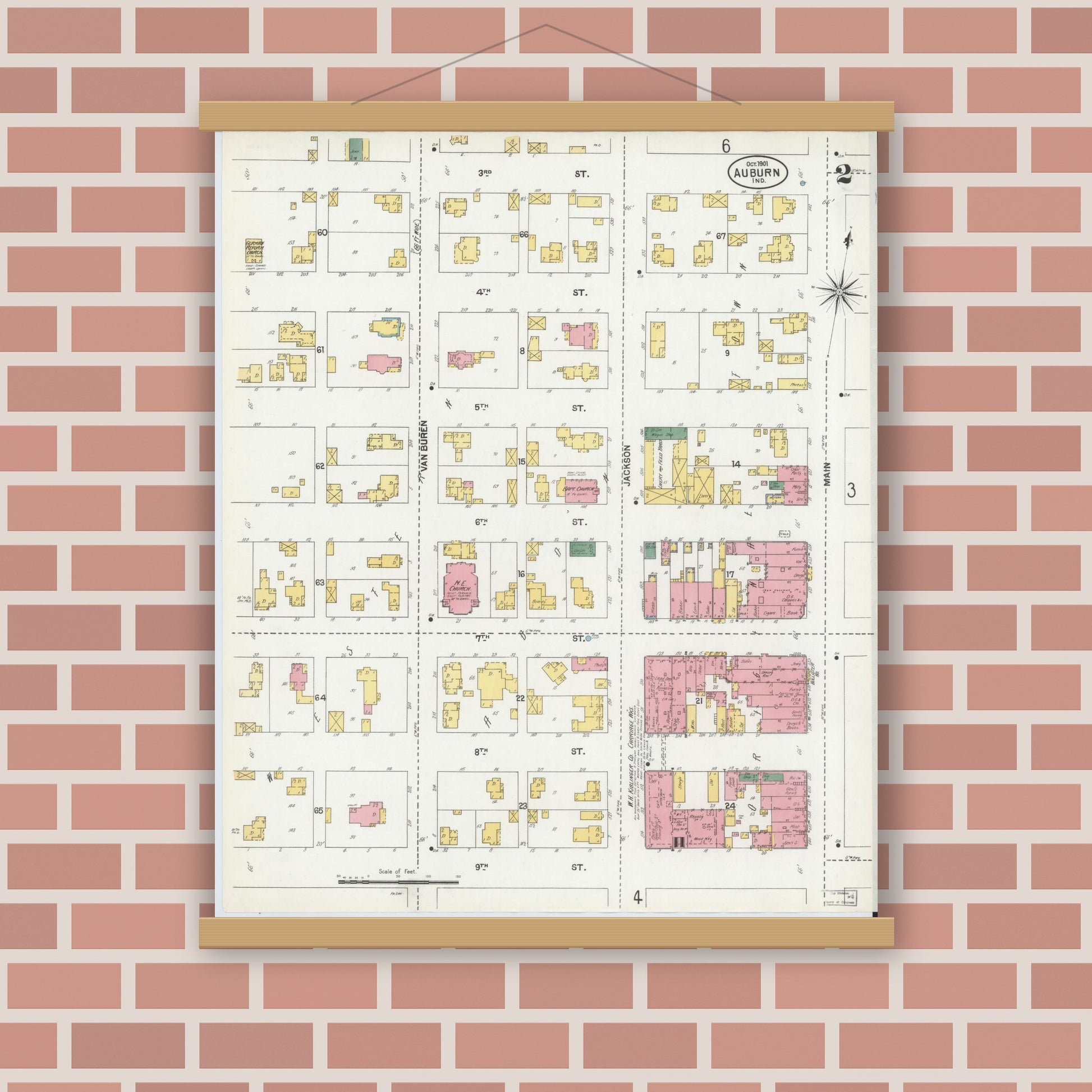 Old map wall art mockup — magnetic wood frame on brick wall — Sanborn Fire Insurance Map from Auburn, De Kalb County, Indiana (1901), Sheet #0002