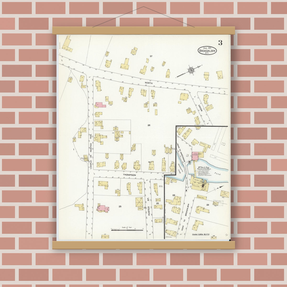 Old map wall art mockup — magnetic wood frame on brick wall — Sanborn Fire Insurance Map from Broadalbin, Fulton County, New York (1912), Sheet #0003