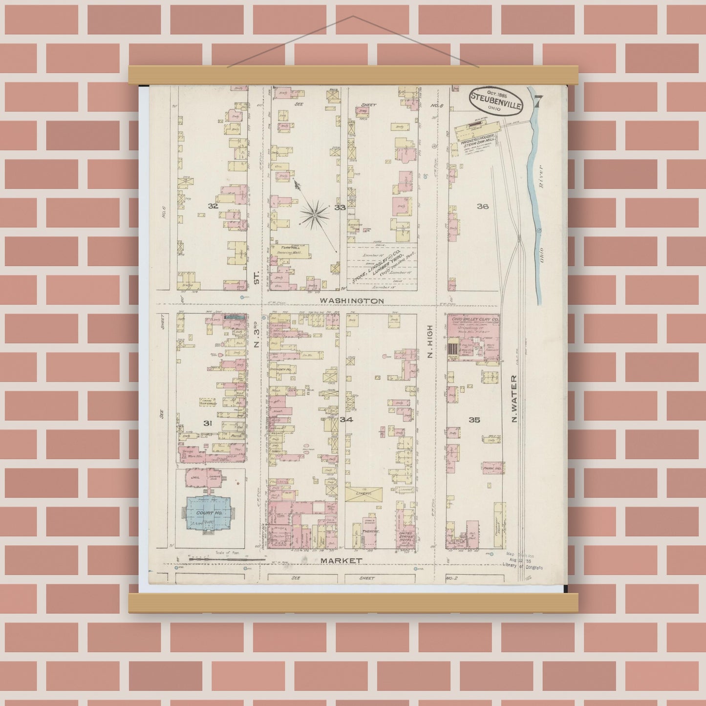 Old map wall art mockup — magnetic wood frame on brick wall — Sanborn Fire Insurance Map from Steubenville, Jefferson County, Ohio (1885), Sheet #0007