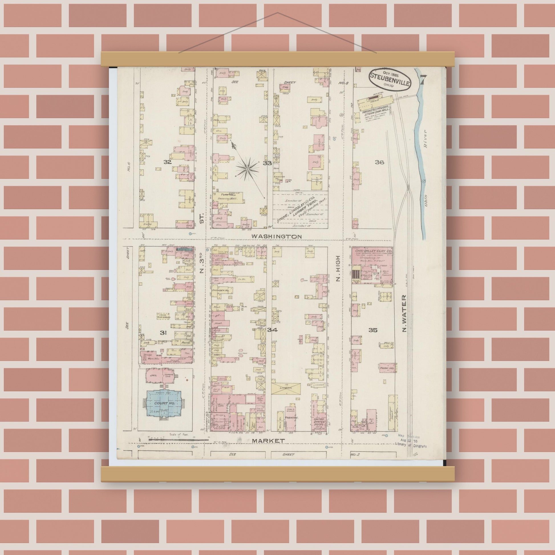 Old map wall art mockup — magnetic wood frame on brick wall — Sanborn Fire Insurance Map from Steubenville, Jefferson County, Ohio (1885), Sheet #0007