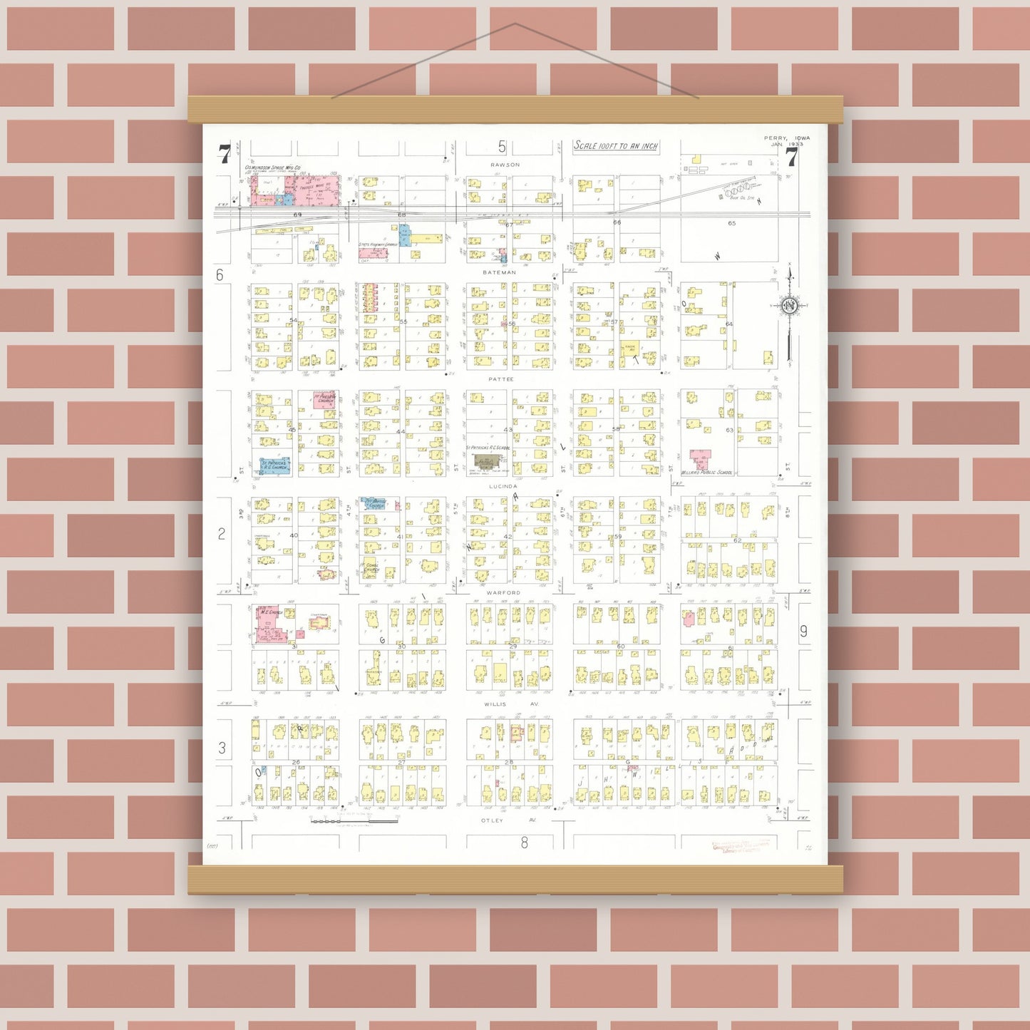Old map wall art mockup — magnetic wood frame on brick wall — Sanborn Fire Insurance Map from Perry, Dallas County, Iowa (1933), Sheet #0007