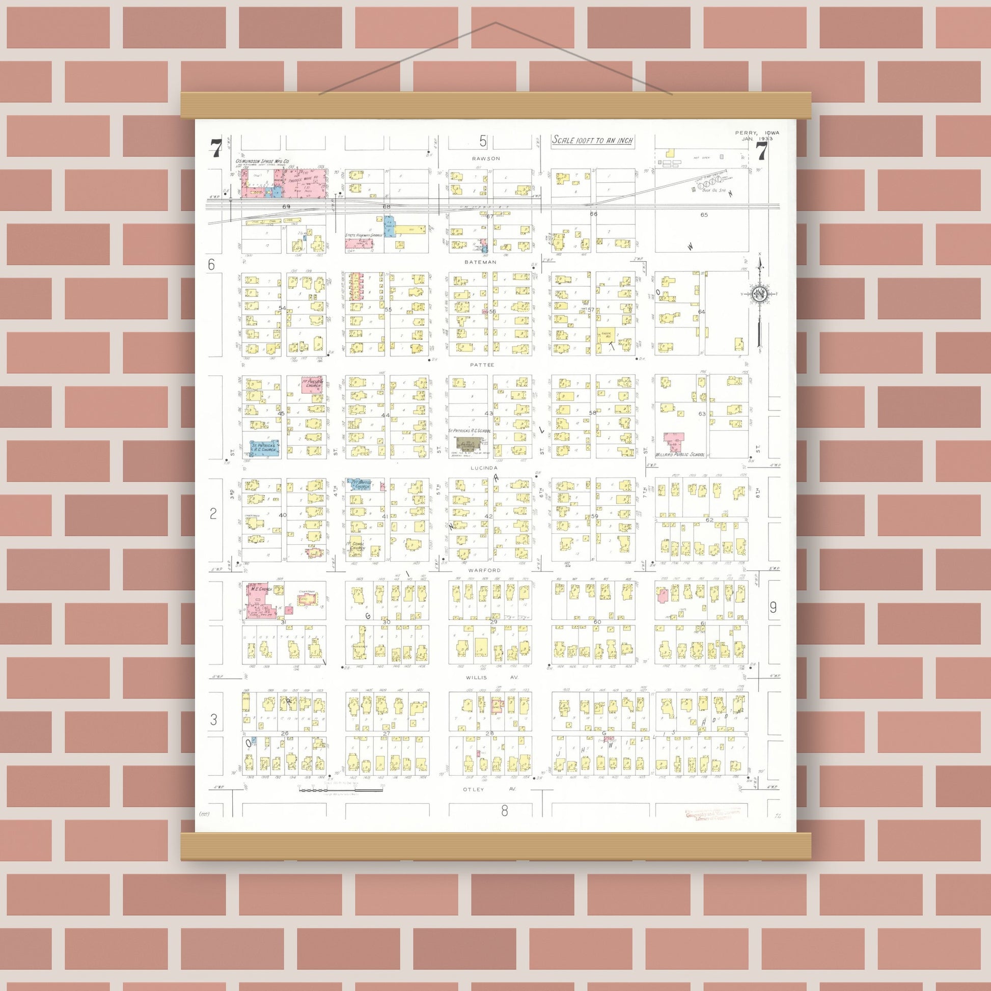 Old map wall art mockup — magnetic wood frame on brick wall — Sanborn Fire Insurance Map from Perry, Dallas County, Iowa (1933), Sheet #0007