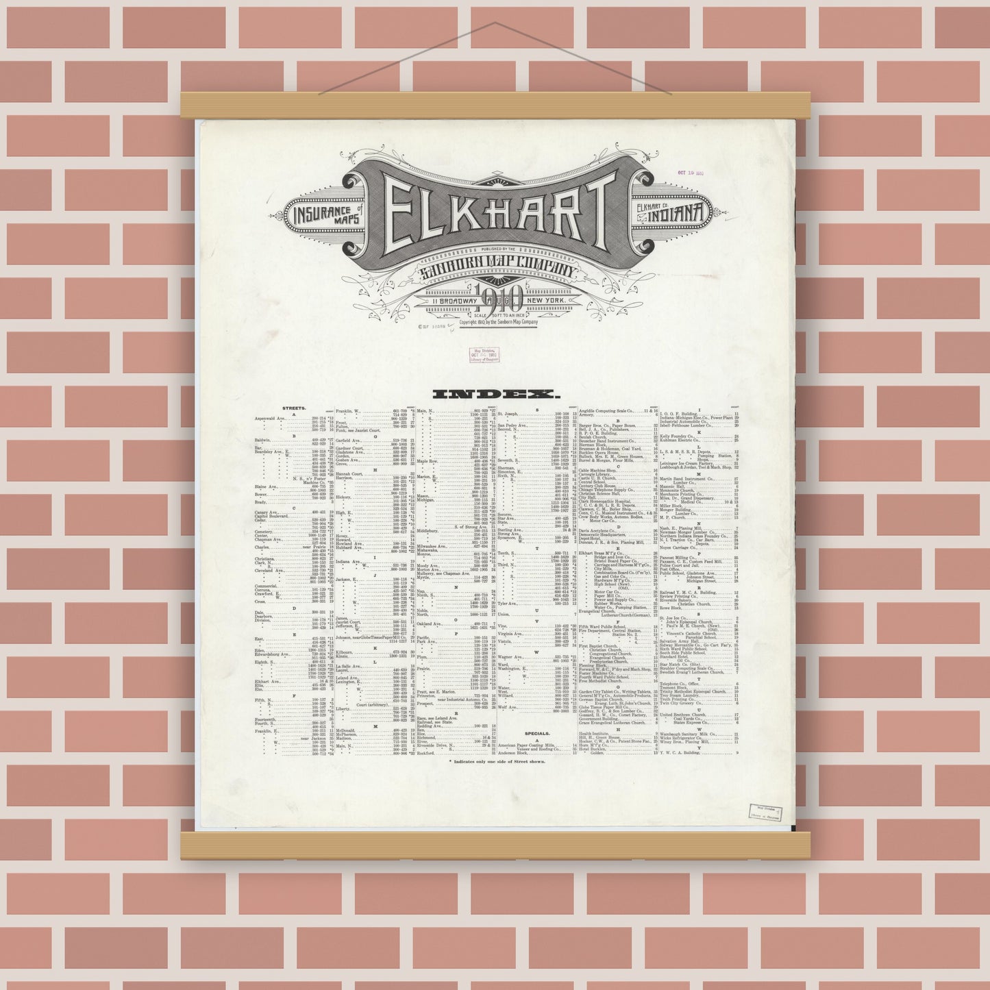 Old map wall art mockup — magnetic wood frame on brick wall — Sanborn Fire Insurance Map from Elkhart, Elkhart County, Indiana (1910), Sheet #0001