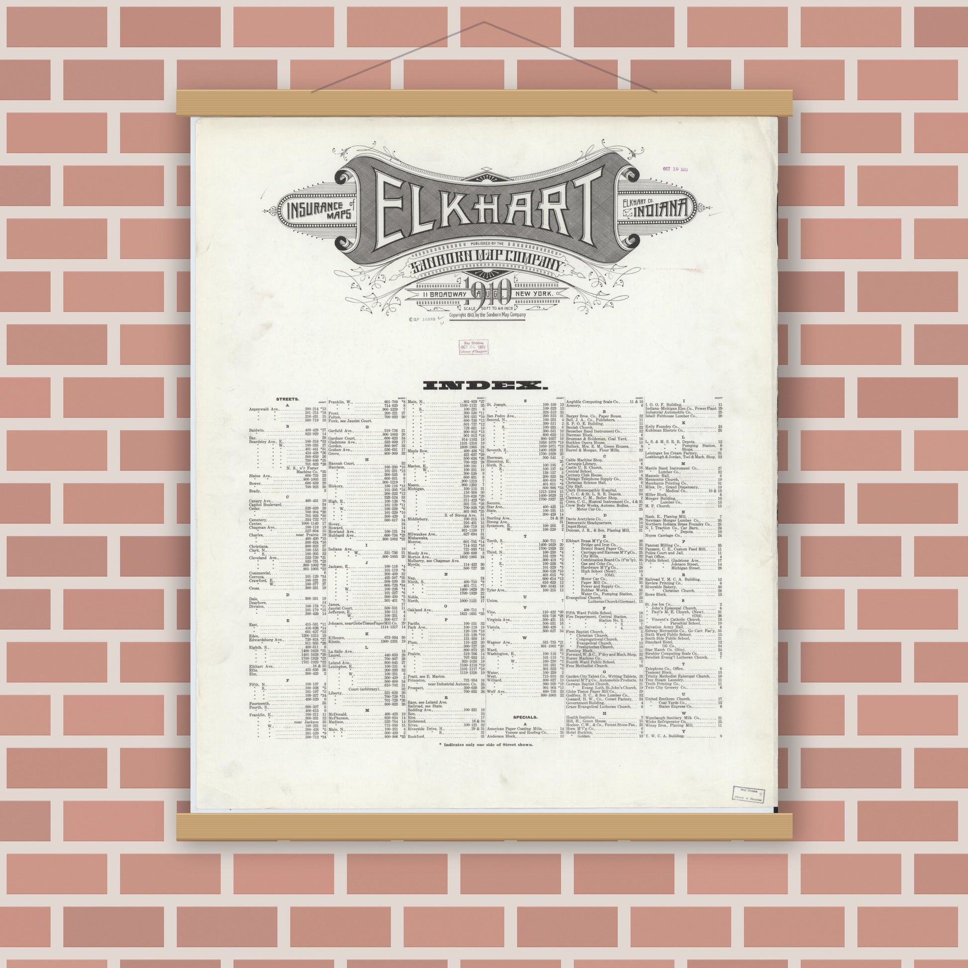 Old map wall art mockup — magnetic wood frame on brick wall — Sanborn Fire Insurance Map from Elkhart, Elkhart County, Indiana (1910), Sheet #0001