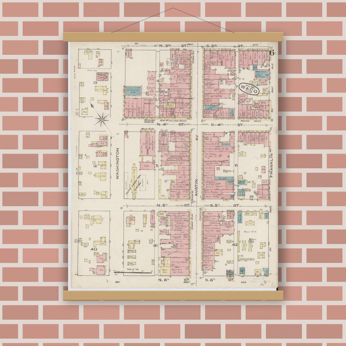 Old map wall art mockup — magnetic wood frame on brick wall — Sanborn Fire Insurance Map from Waco, McLennan County, Texas (1885), Sheet #0006