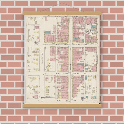 Old map wall art mockup — magnetic wood frame on brick wall — Sanborn Fire Insurance Map from Waco, McLennan County, Texas (1885), Sheet #0006