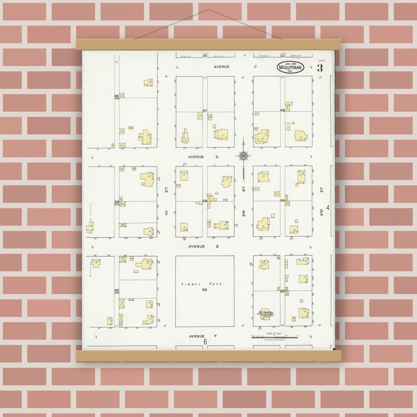 Old map wall art mockup — magnetic wood frame on brick wall — Sanborn Fire Insurance Map from Midlothian, Ellis County, Texas (1921), Sheet #0003