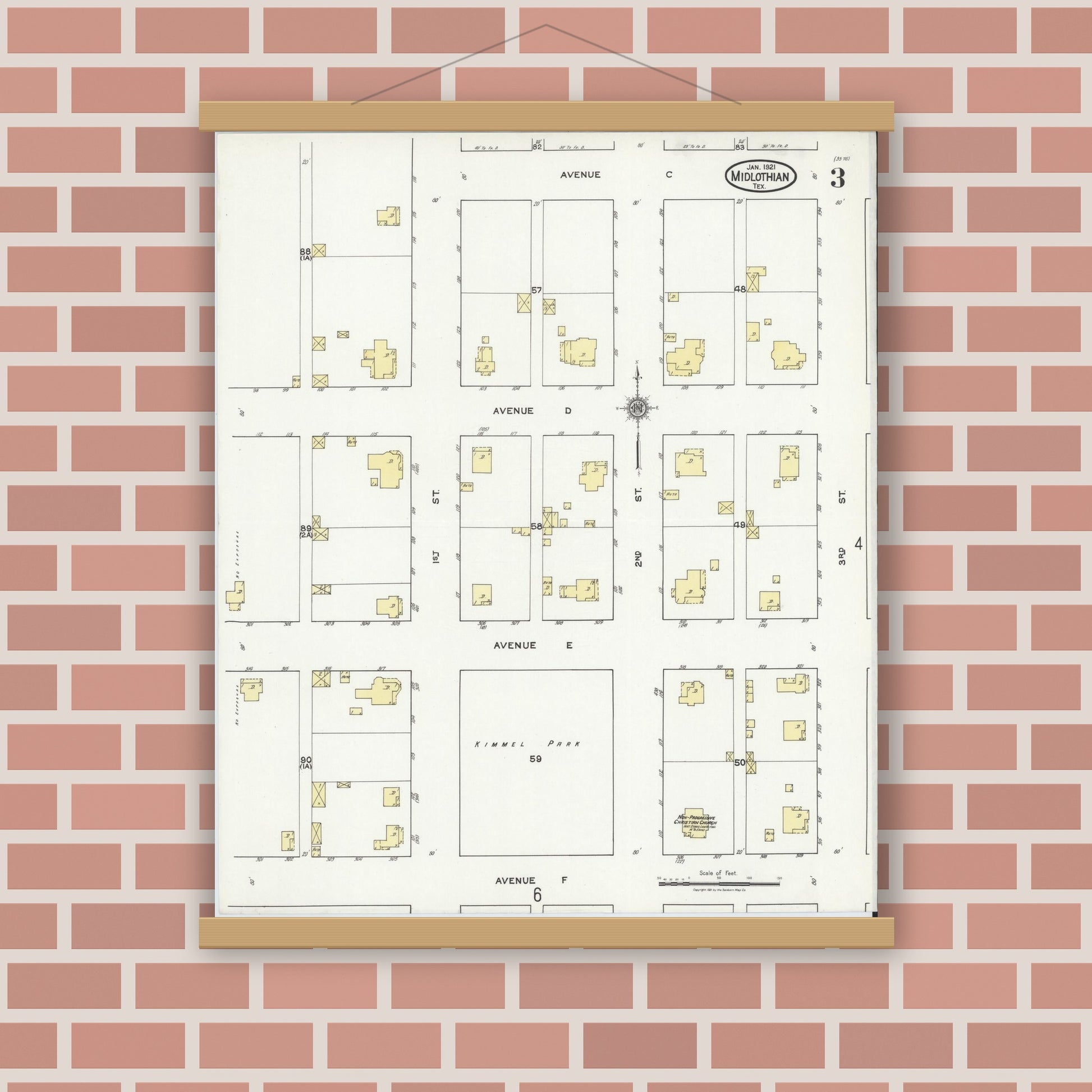 Old map wall art mockup — magnetic wood frame on brick wall — Sanborn Fire Insurance Map from Midlothian, Ellis County, Texas (1921), Sheet #0003