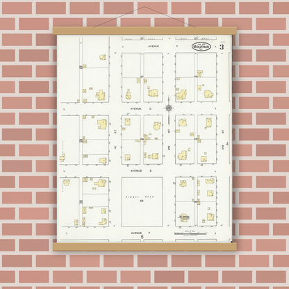 Old map wall art mockup — magnetic wood frame on brick wall — Sanborn Fire Insurance Map from Midlothian, Ellis County, Texas (1921), Sheet #0003