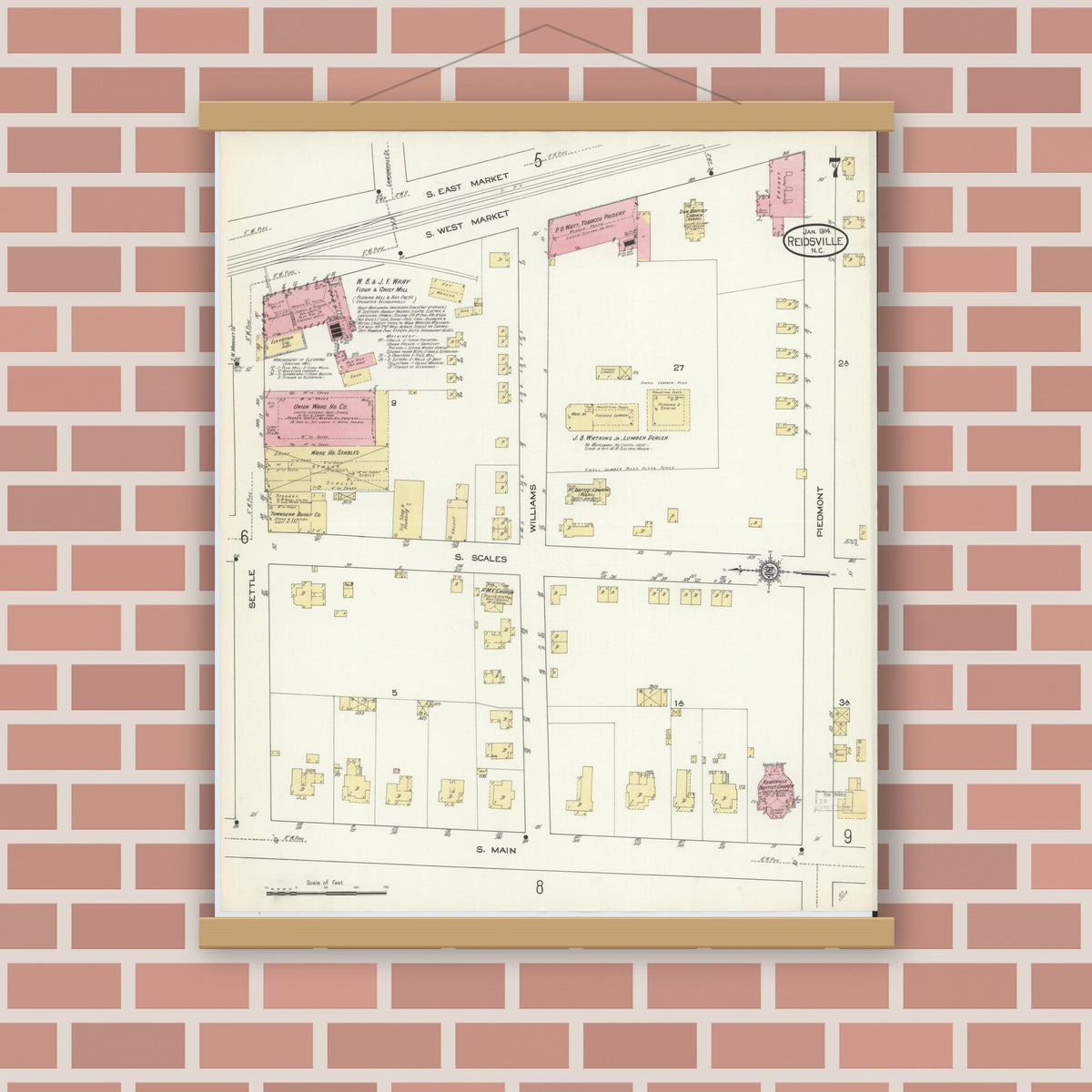 Old map wall art mockup — magnetic wood frame on brick wall — Sanborn Fire Insurance Map from Reidsville, Rockingham County, North Carolina (1914), Sheet #0007