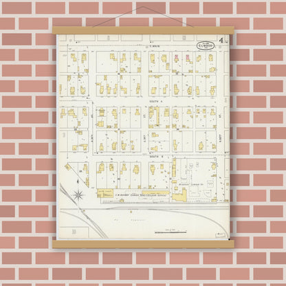Old map wall art mockup — magnetic wood frame on brick wall — Sanborn Fire Insurance Map from Elwood, Madison County, Indiana (1895), Sheet #0004