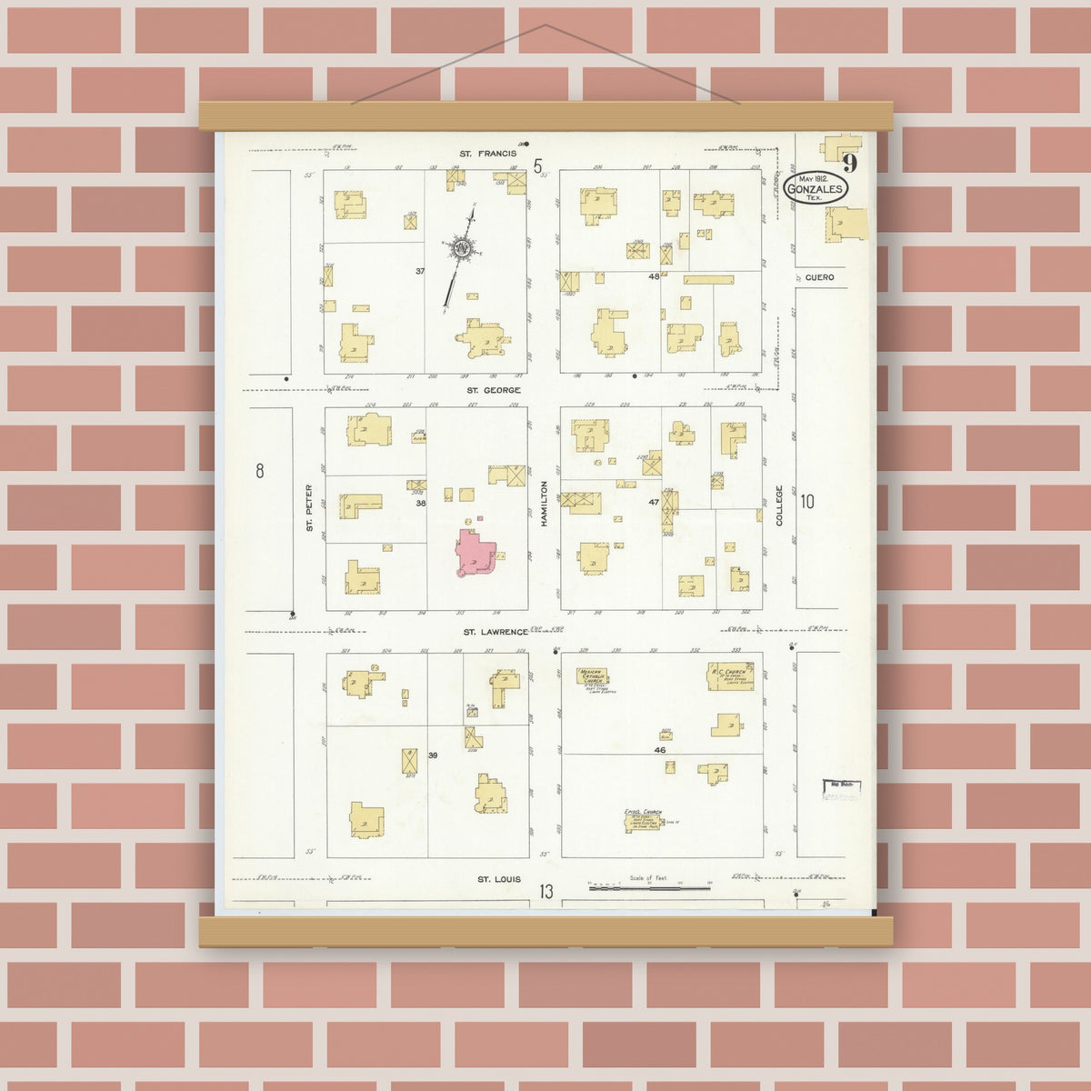 Old map wall art mockup — magnetic wood frame on brick wall — Sanborn Fire Insurance Map from Gonzales, Gonzales County, Texas (1912), Sheet #0009