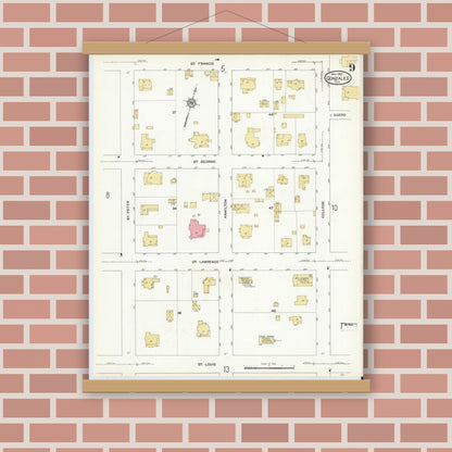 Old map wall art mockup — magnetic wood frame on brick wall — Sanborn Fire Insurance Map from Gonzales, Gonzales County, Texas (1912), Sheet #0009