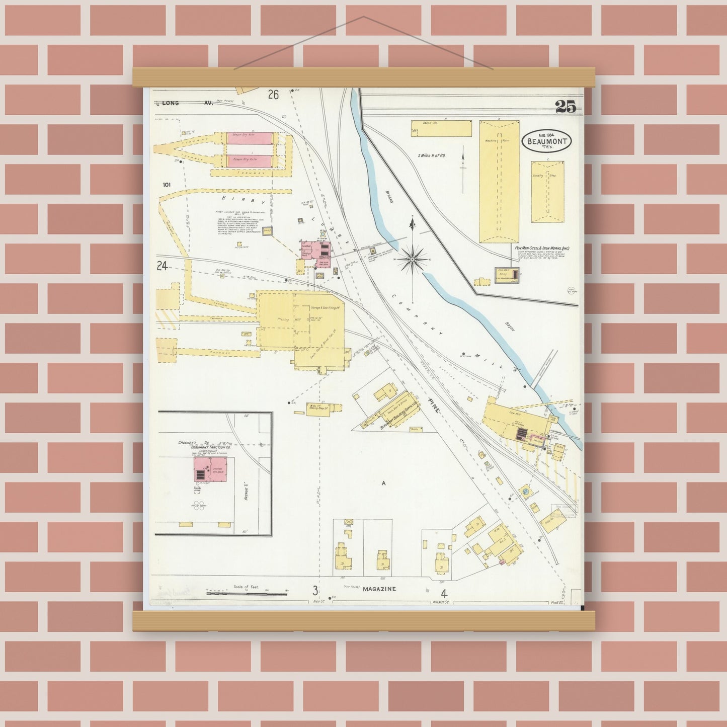 Old map wall art mockup — magnetic wood frame on brick wall — Sanborn Fire Insurance Map from Beaumont, Jefferson County, Texas (1904), Sheet #0025