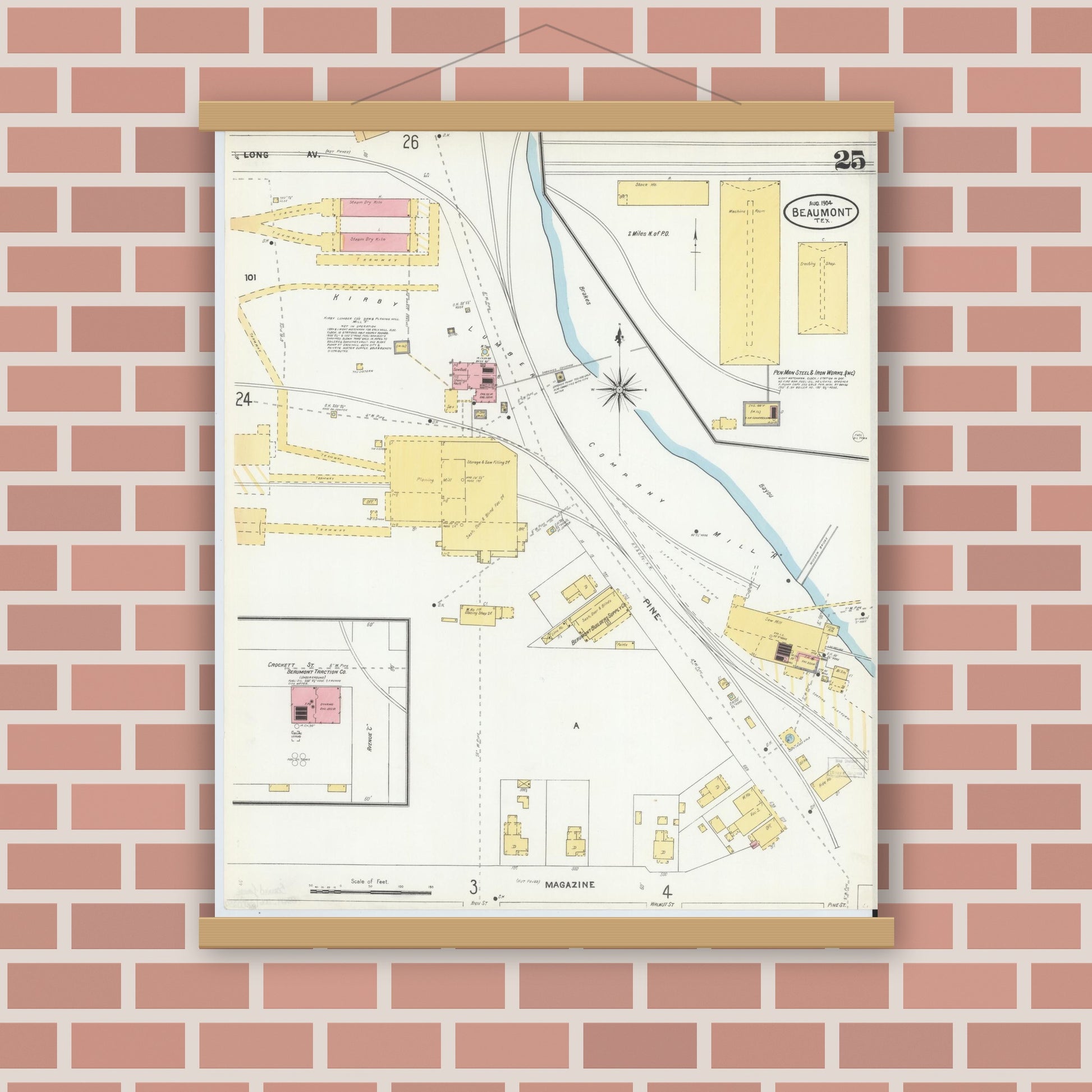 Old map wall art mockup — magnetic wood frame on brick wall — Sanborn Fire Insurance Map from Beaumont, Jefferson County, Texas (1904), Sheet #0025