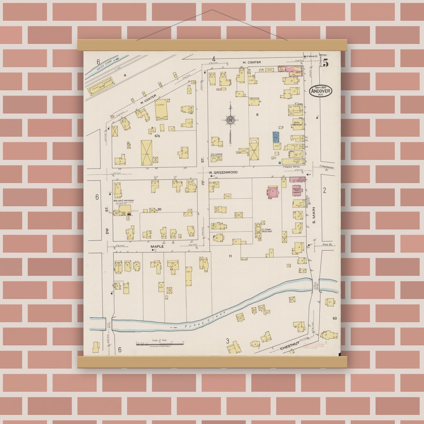 Old map wall art mockup — magnetic wood frame on brick wall — Sanborn Fire Insurance Map from Andover, Allegany County, New York (1922), Sheet #0005