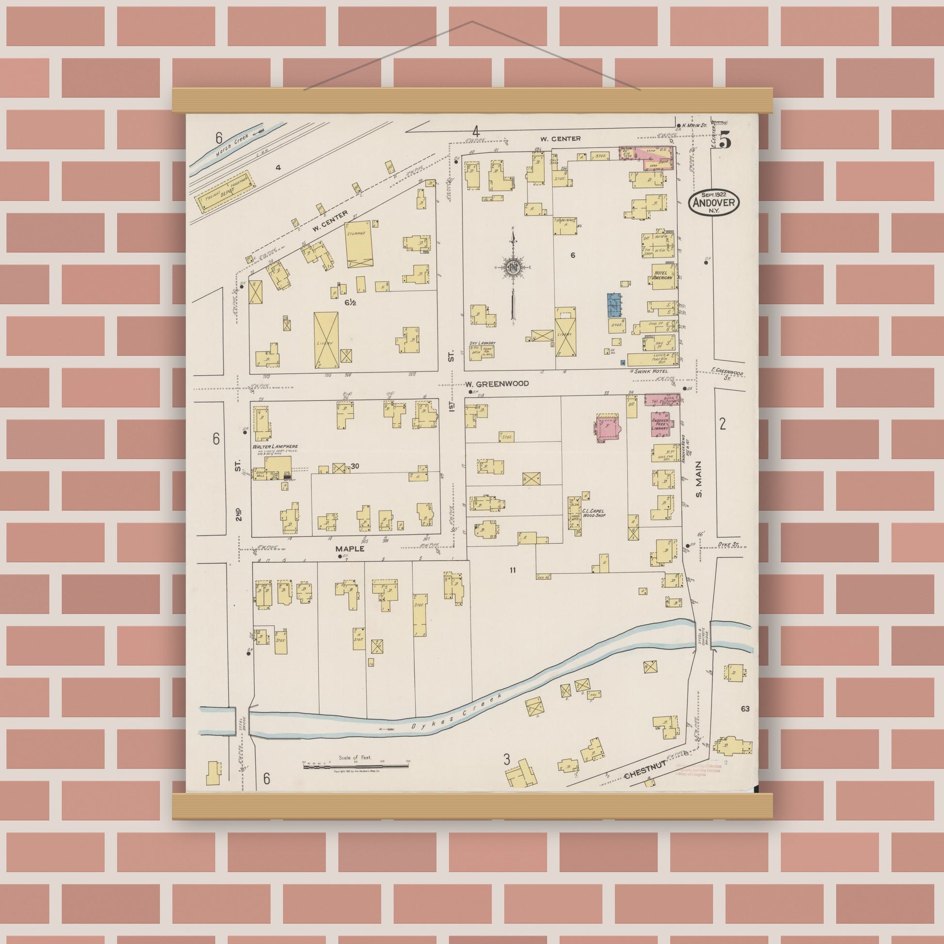 Old map wall art mockup — magnetic wood frame on brick wall — Sanborn Fire Insurance Map from Andover, Allegany County, New York (1922), Sheet #0005