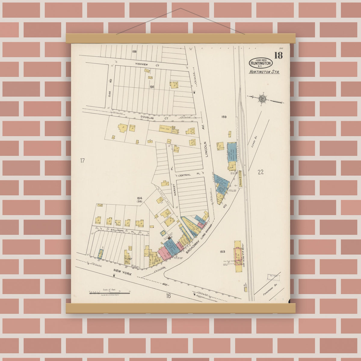 Old map wall art mockup — magnetic wood frame on brick wall — Sanborn Fire Insurance Map from Huntington, Suffolk County, New York (1922), Sheet #0018