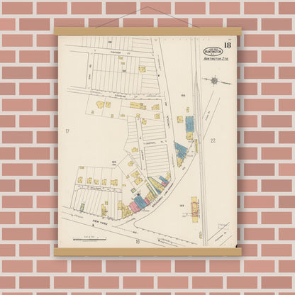 Old map wall art mockup — magnetic wood frame on brick wall — Sanborn Fire Insurance Map from Huntington, Suffolk County, New York (1922), Sheet #0018