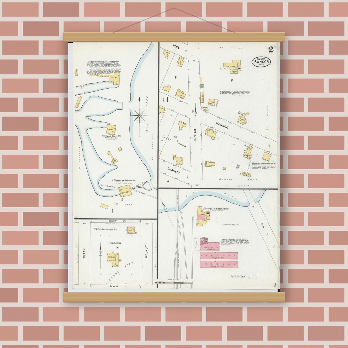 Old map wall art mockup — magnetic wood frame on brick wall — Sanborn Fire Insurance Map from Bangor, Van Buren County, Michigan (1899), Sheet #0002