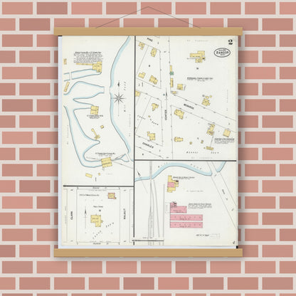 Old map wall art mockup — magnetic wood frame on brick wall — Sanborn Fire Insurance Map from Bangor, Van Buren County, Michigan (1899), Sheet #0002