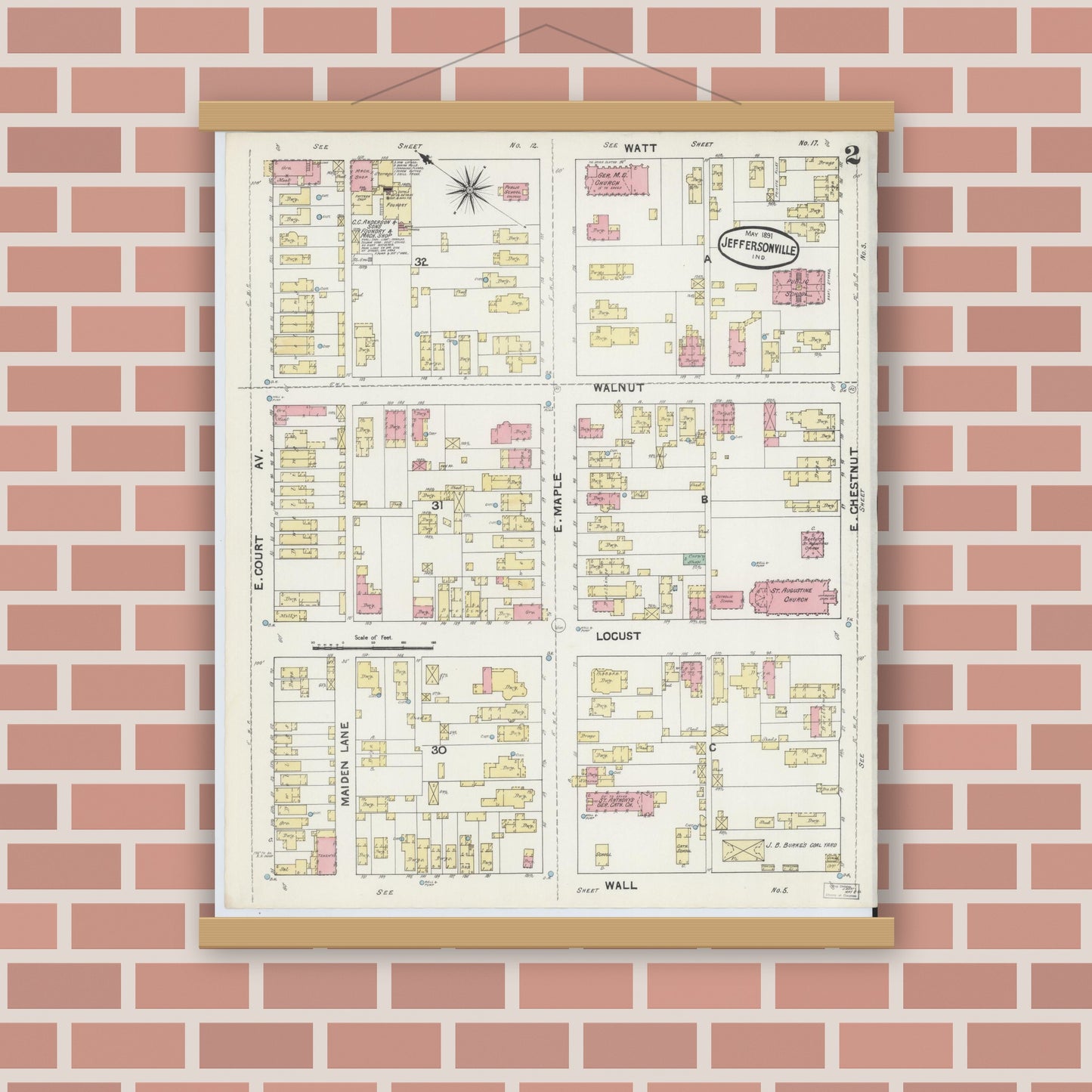 Old map wall art mockup — magnetic wood frame on brick wall — Sanborn Fire Insurance Map from Jeffersonville, Clark County, Indiana (1891), Sheet #0002