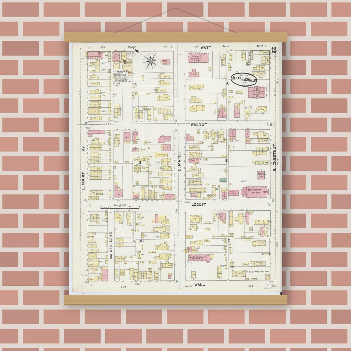 Old map wall art mockup — magnetic wood frame on brick wall — Sanborn Fire Insurance Map from Jeffersonville, Clark County, Indiana (1891), Sheet #0002