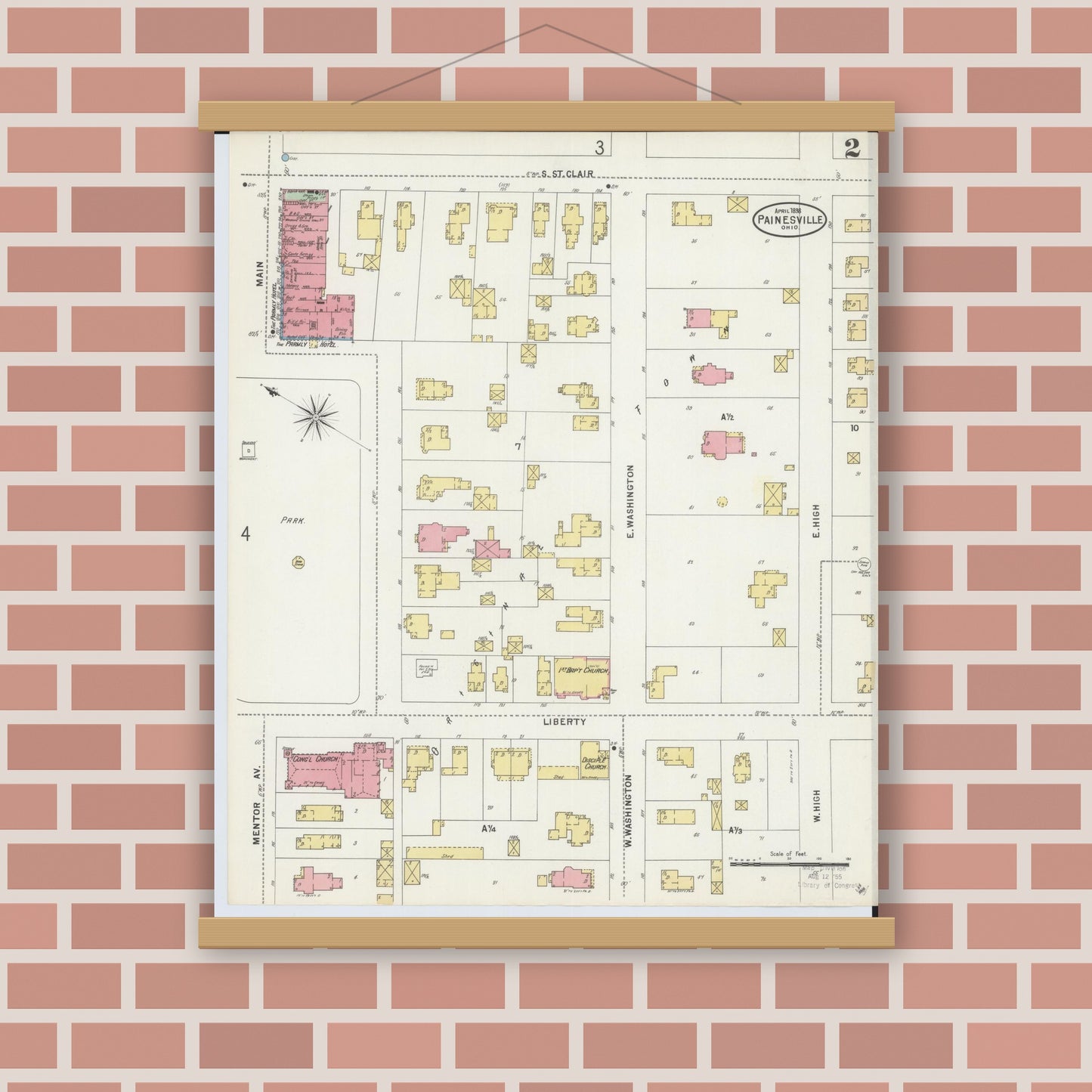 Old map wall art mockup — magnetic wood frame on brick wall — Sanborn Fire Insurance Map from Painesville, Lake County, Ohio (1898), Sheet #0002