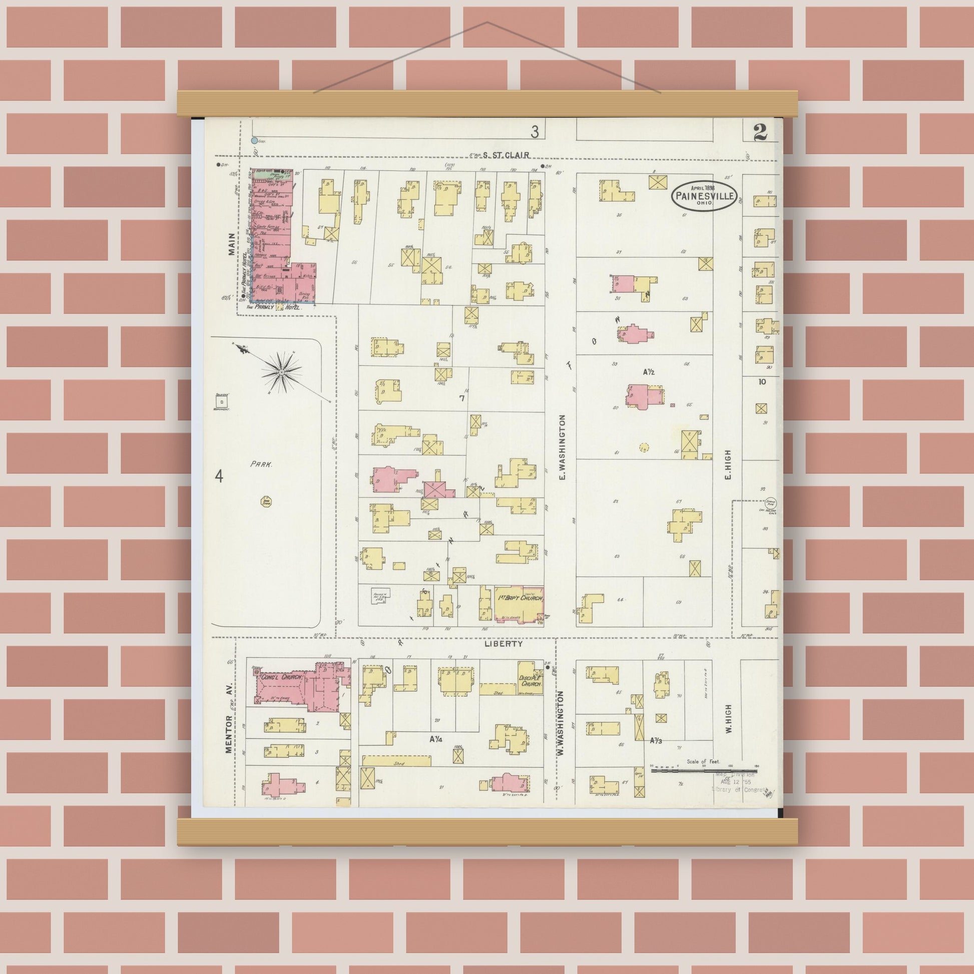 Old map wall art mockup — magnetic wood frame on brick wall — Sanborn Fire Insurance Map from Painesville, Lake County, Ohio (1898), Sheet #0002