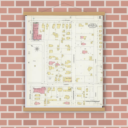 Old map wall art mockup — magnetic wood frame on brick wall — Sanborn Fire Insurance Map from Painesville, Lake County, Ohio (1898), Sheet #0002