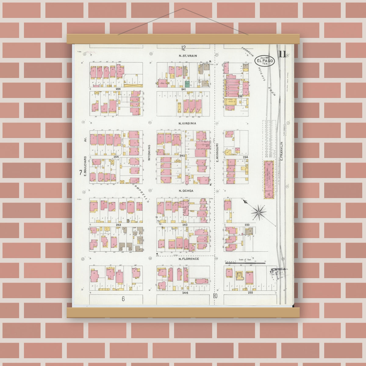 Old map wall art mockup — magnetic wood frame on brick wall — Sanborn Fire Insurance Map from El Paso, El Paso County, Texas (1905), Sheet #0011