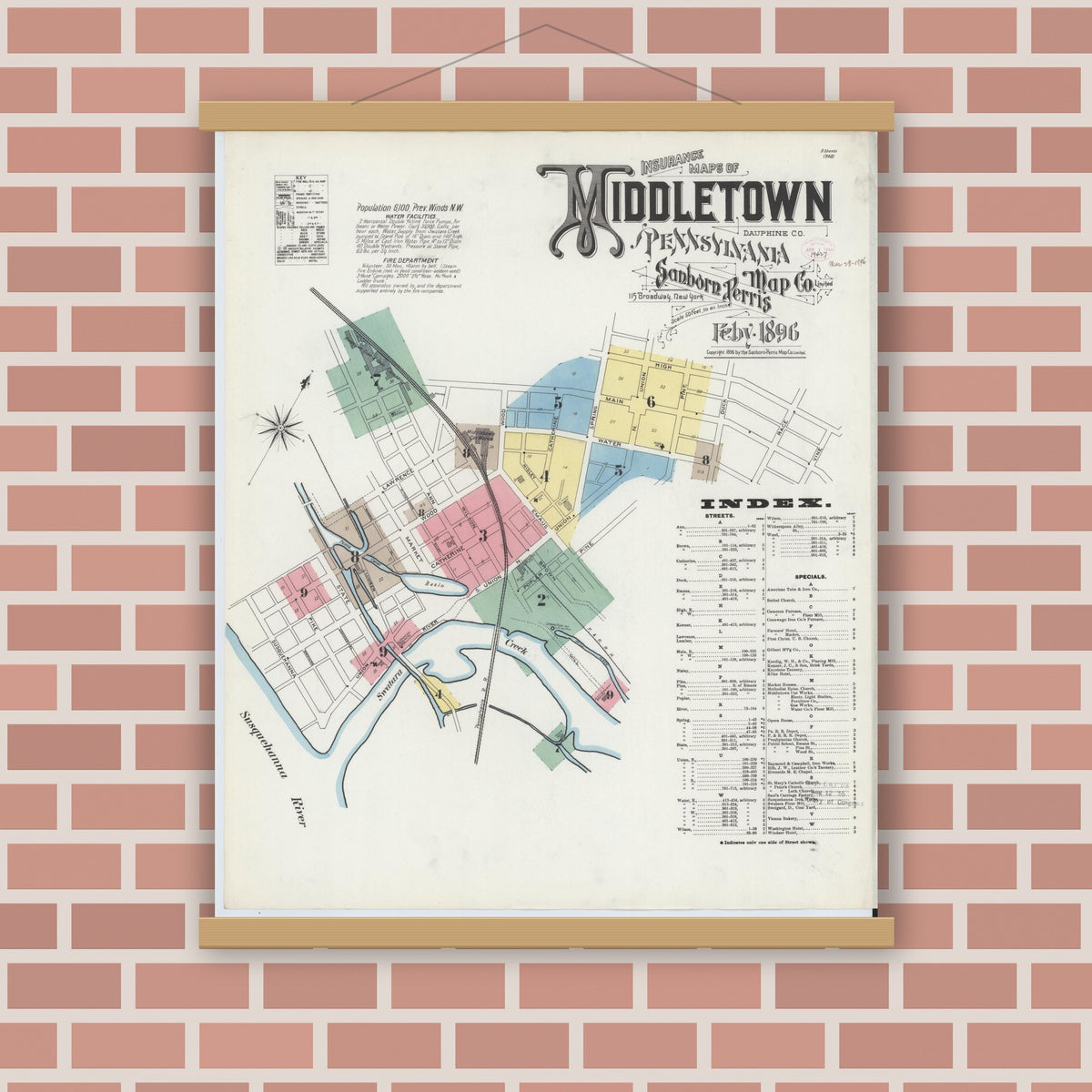 Old map wall art mockup — magnetic wood frame on brick wall — Sanborn Fire Insurance Map from Middletown, Dauphin County, Pennsylvania (1896) - Complete Map Set