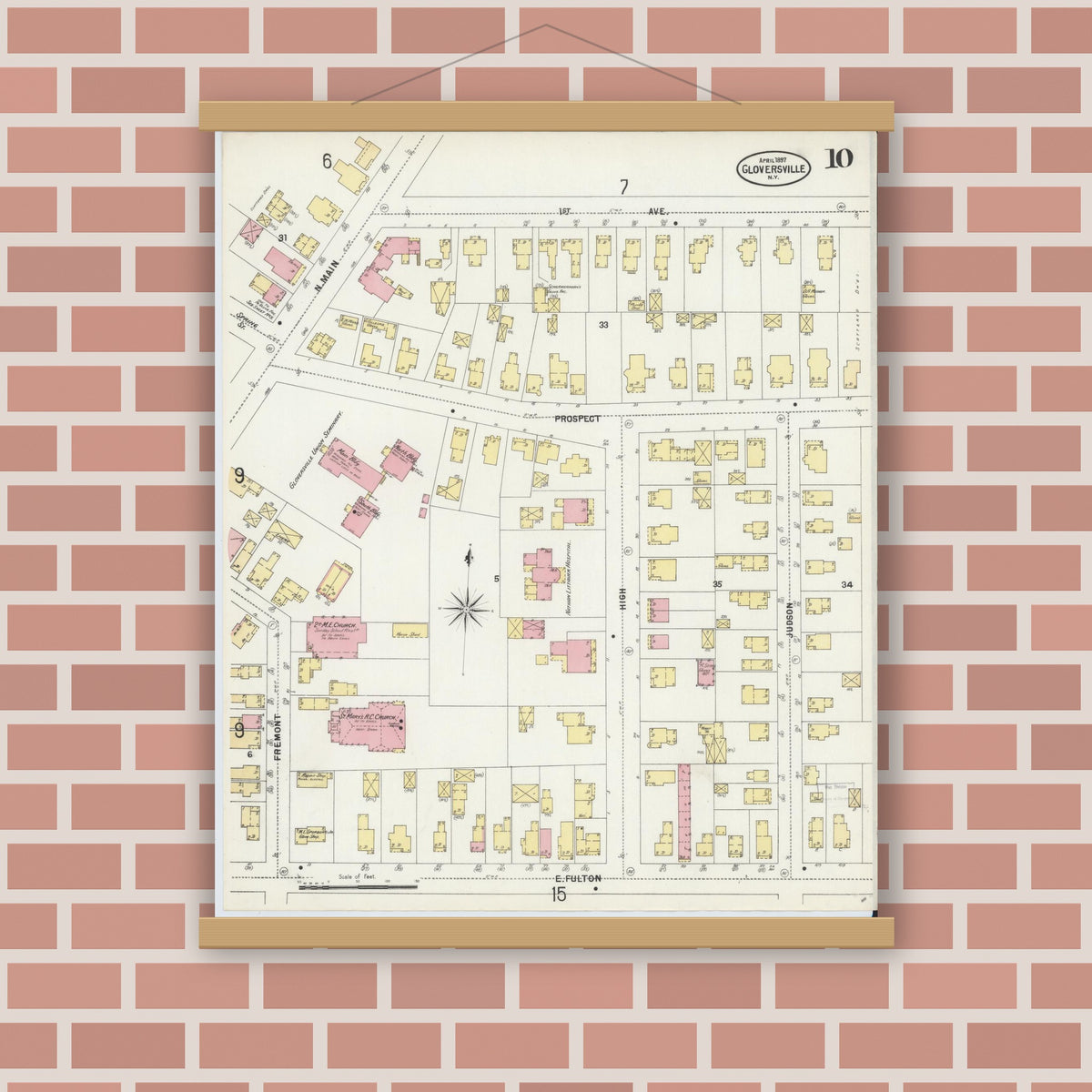 Old map wall art mockup — magnetic wood frame on brick wall — Sanborn Fire Insurance Map from Gloversville, Fulton County, New York (1897), Sheet #0010