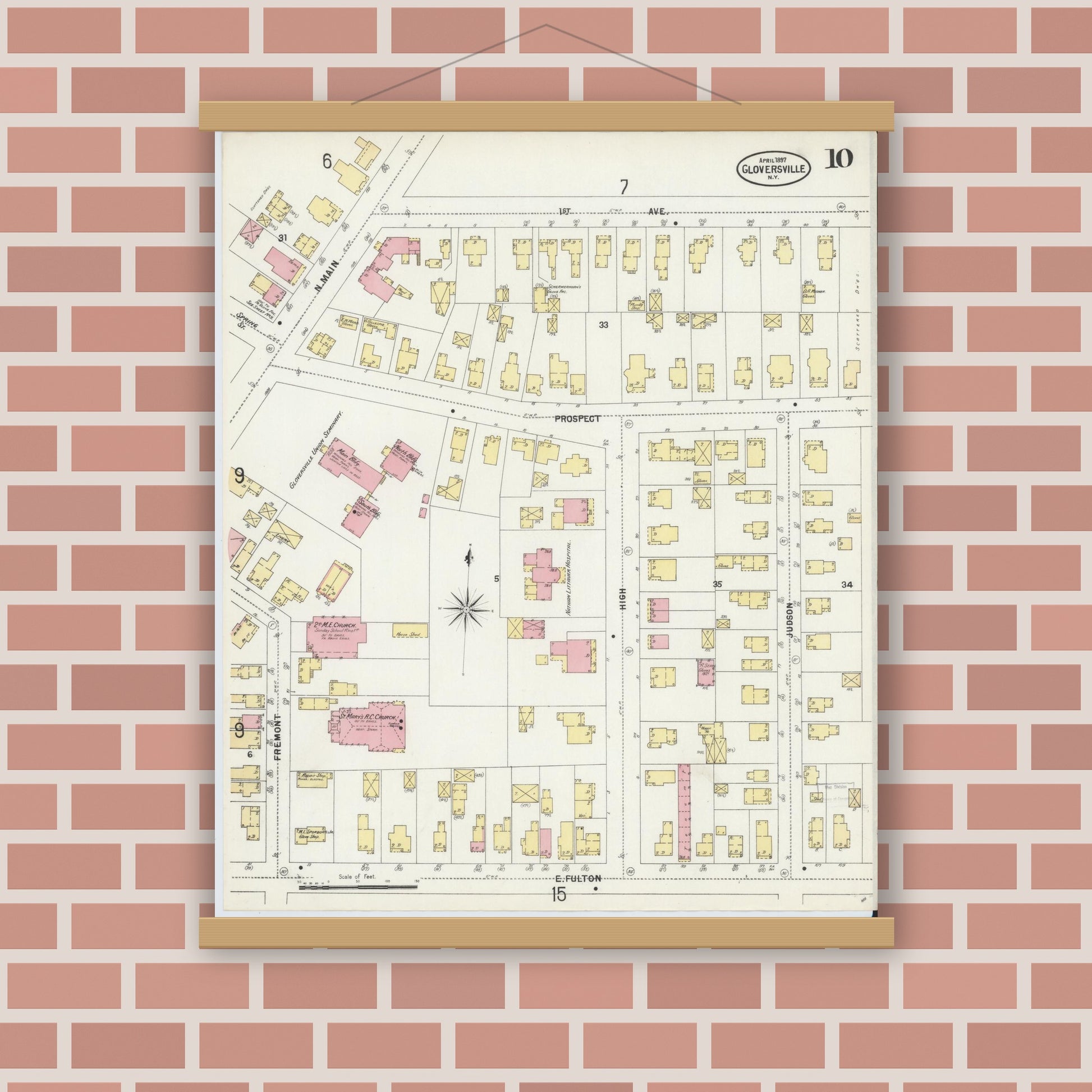 Old map wall art mockup — magnetic wood frame on brick wall — Sanborn Fire Insurance Map from Gloversville, Fulton County, New York (1897), Sheet #0010