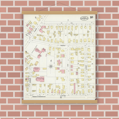 Old map wall art mockup — magnetic wood frame on brick wall — Sanborn Fire Insurance Map from Gloversville, Fulton County, New York (1897), Sheet #0010