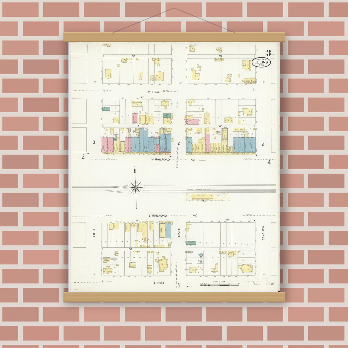 Old map wall art mockup — magnetic wood frame on brick wall — Sanborn Fire Insurance Map from Luling, Caldwell County, Texas (1907), Sheet #0003