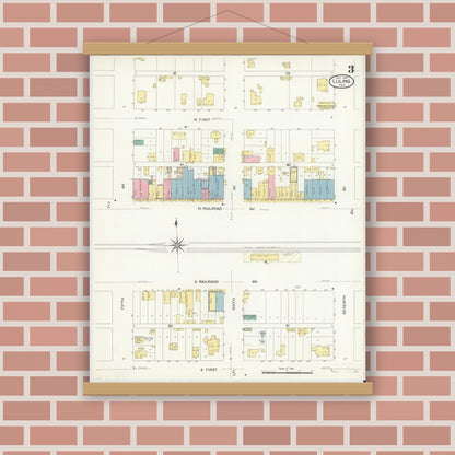 Old map wall art mockup — magnetic wood frame on brick wall — Sanborn Fire Insurance Map from Luling, Caldwell County, Texas (1907), Sheet #0003