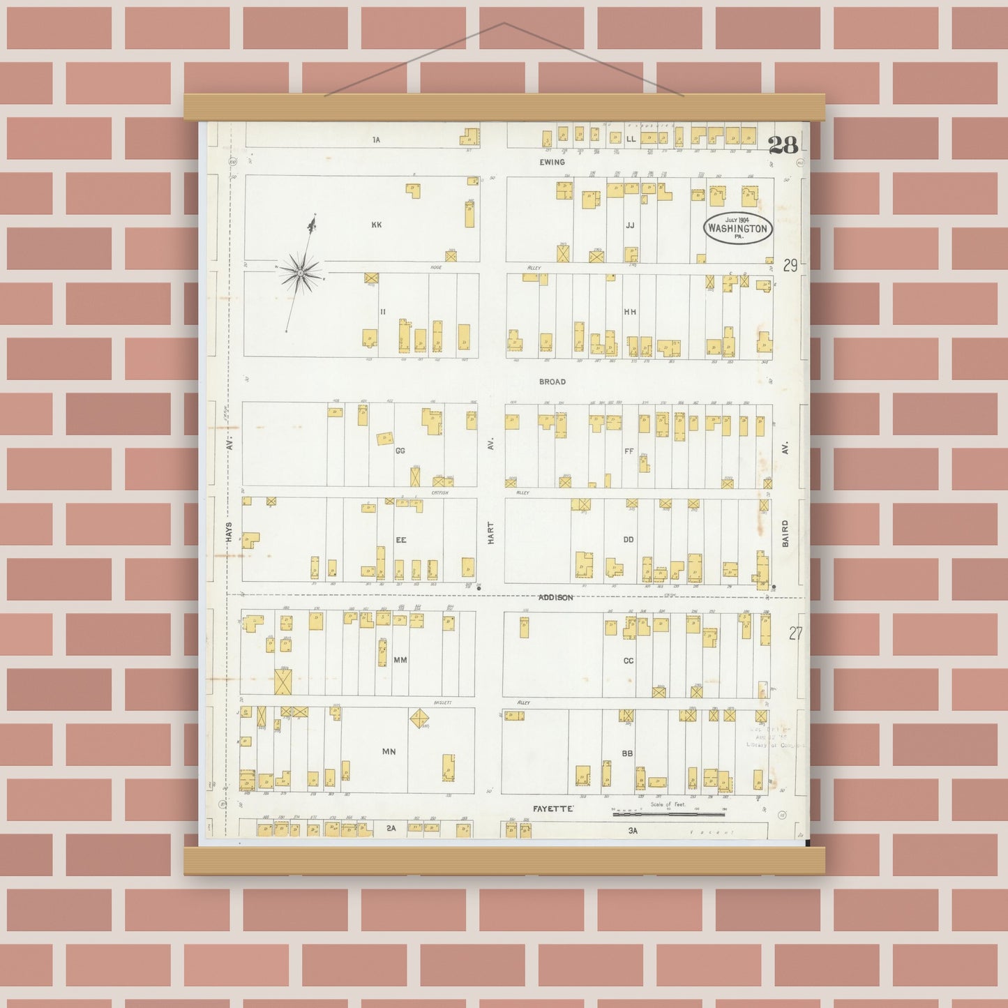 Old map wall art mockup — magnetic wood frame on brick wall — Sanborn Fire Insurance Map from Washington, Washington County, Pennsylvania (1904), Sheet #0028