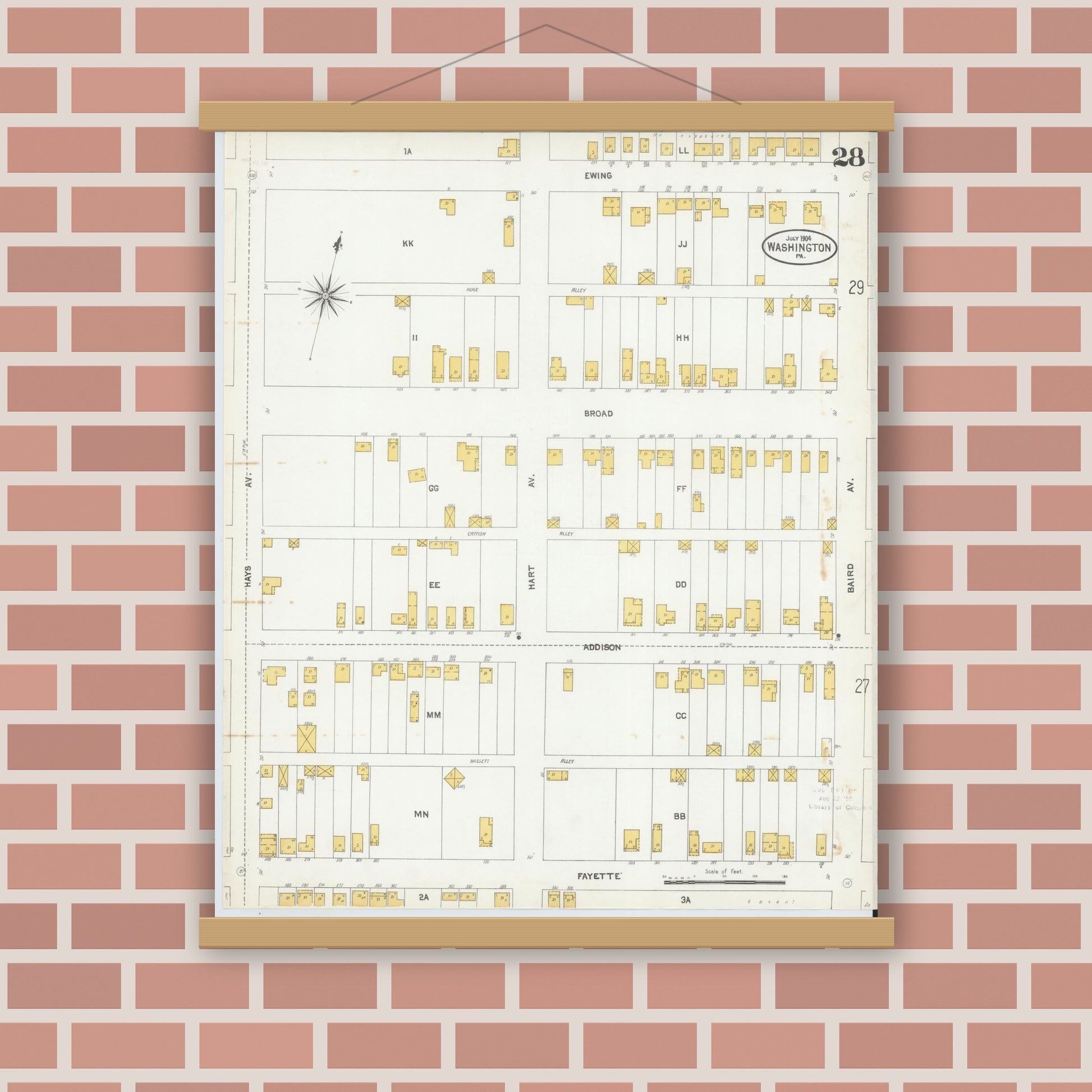 Old map wall art mockup — magnetic wood frame on brick wall — Sanborn Fire Insurance Map from Washington, Washington County, Pennsylvania (1904), Sheet #0028