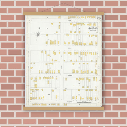 Old map wall art mockup — magnetic wood frame on brick wall — Sanborn Fire Insurance Map from Washington, Washington County, Pennsylvania (1904), Sheet #0028
