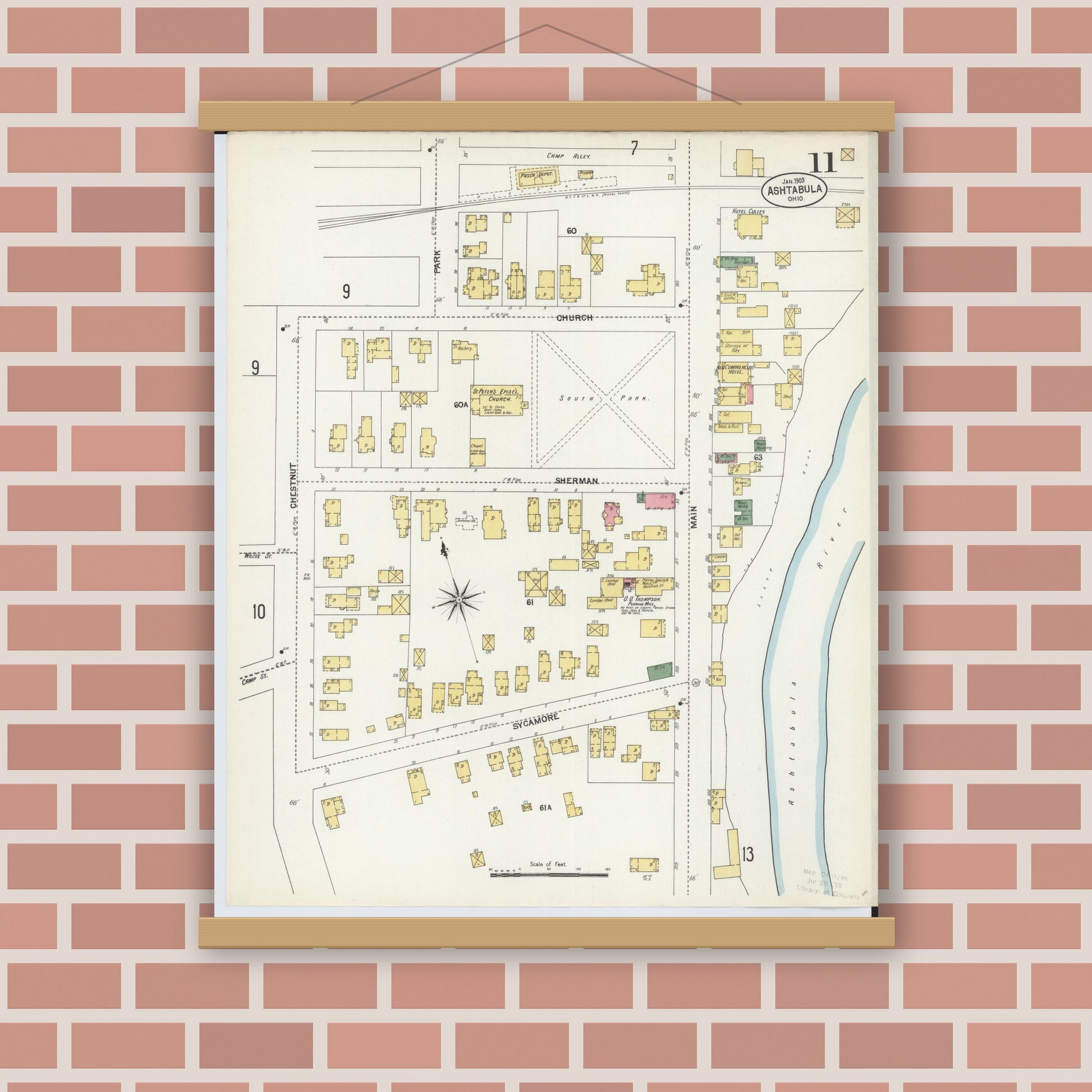 Old map wall art mockup — magnetic wood frame on brick wall — Sanborn Fire Insurance Map from Ashtabula, Ashtabula County, Ohio (1903), Sheet #0011