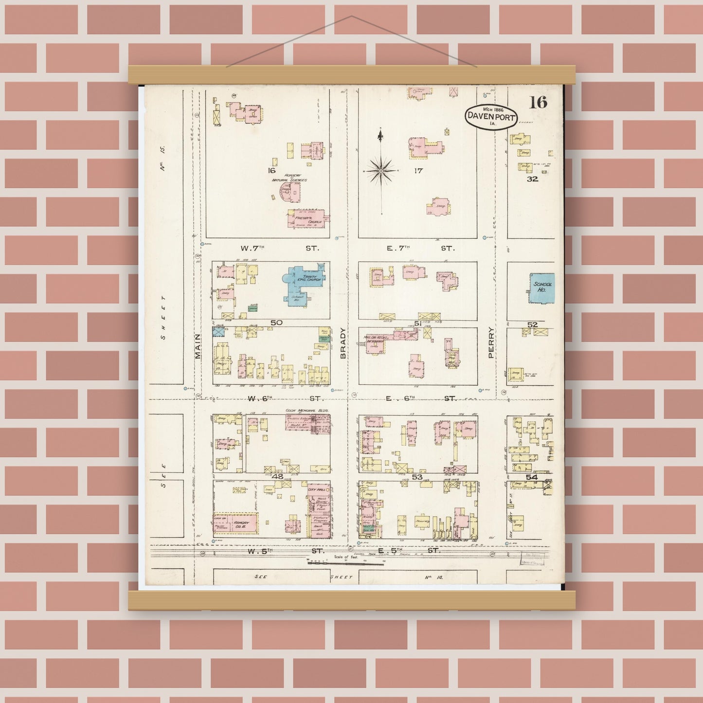 Old map wall art mockup — magnetic wood frame on brick wall — Sanborn Fire Insurance Map from Davenport, Scott County, Iowa (1886), Sheet #0016