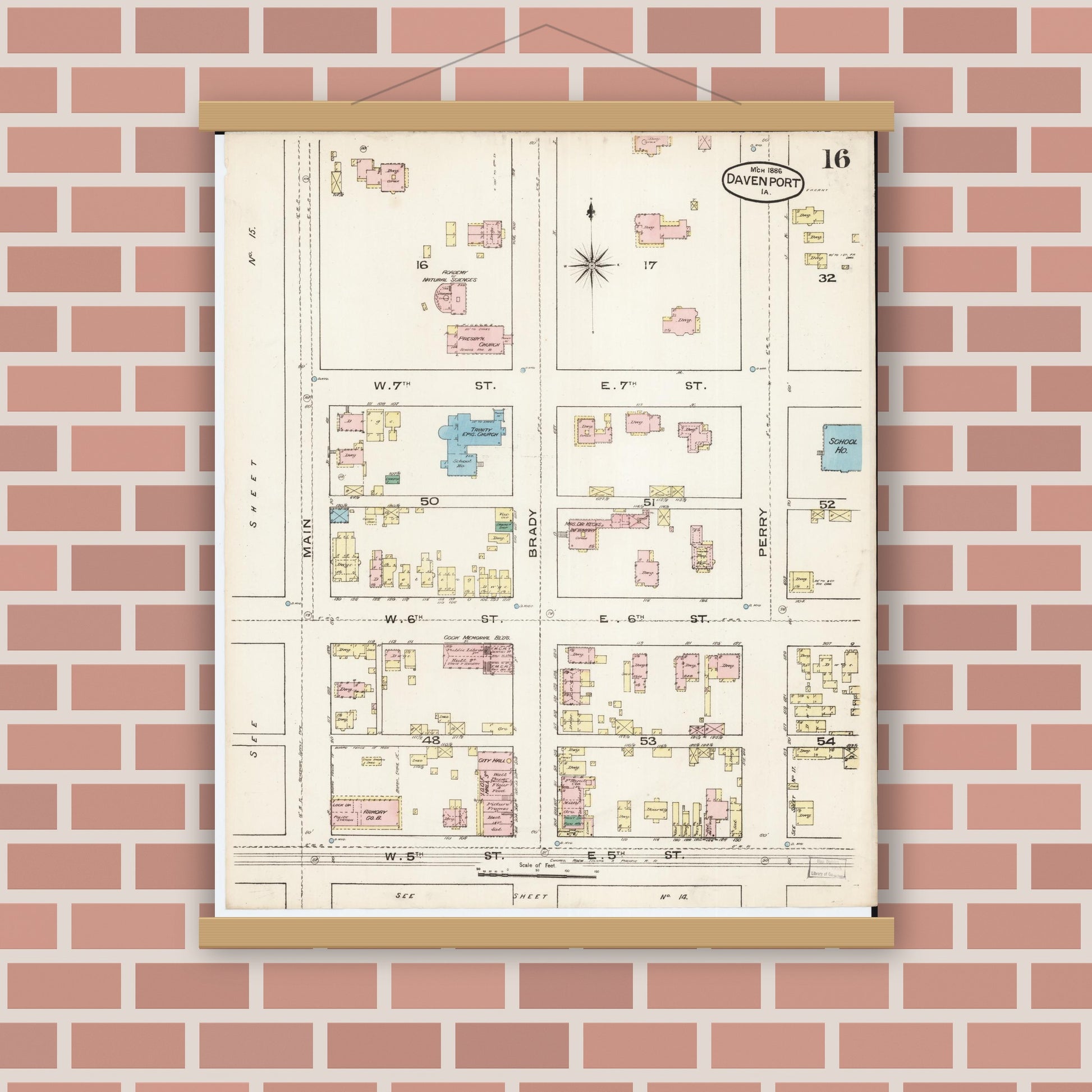 Old map wall art mockup — magnetic wood frame on brick wall — Sanborn Fire Insurance Map from Davenport, Scott County, Iowa (1886), Sheet #0016