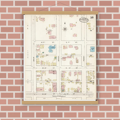 Old map wall art mockup — magnetic wood frame on brick wall — Sanborn Fire Insurance Map from Davenport, Scott County, Iowa (1886), Sheet #0016