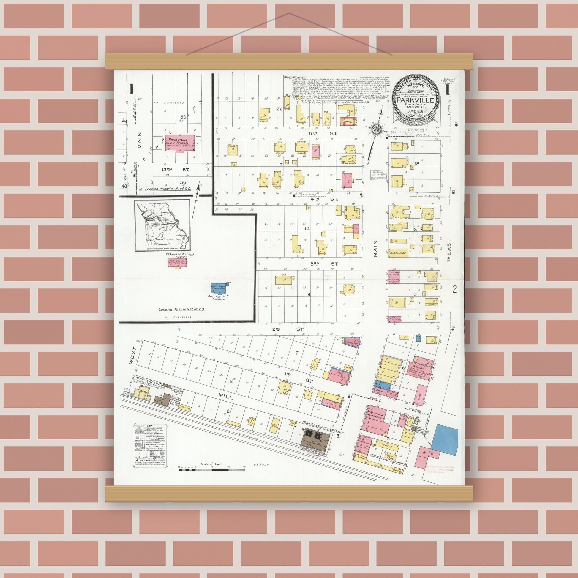 Old map wall art mockup — magnetic wood frame on brick wall — Sanborn Fire Insurance Map from Parkville, Platte County, Missouri (1926) - Complete Map Set
