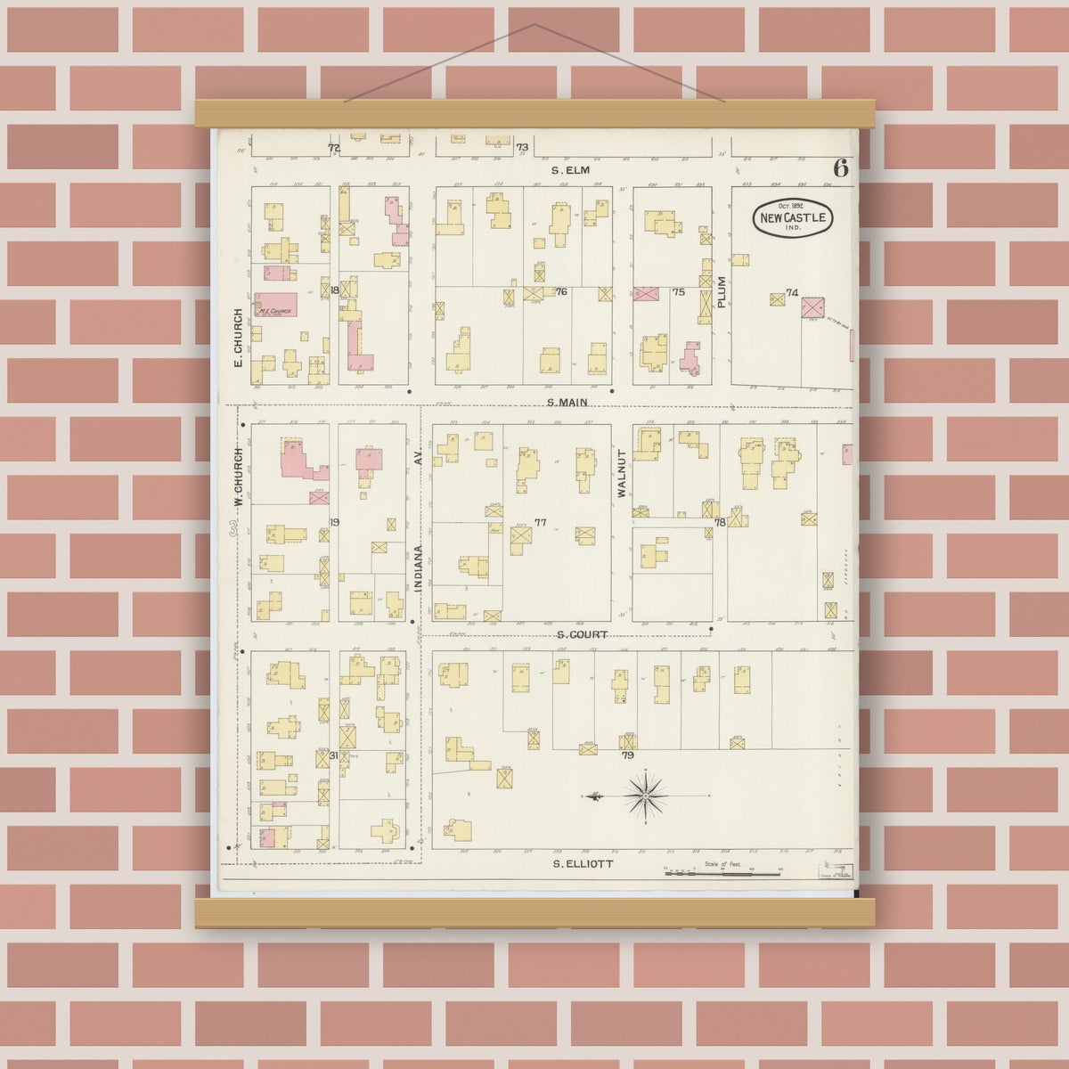 Old map wall art mockup — magnetic wood frame on brick wall — Sanborn Fire Insurance Map from New Castle, Henry County, Indiana (1892), Sheet #0006