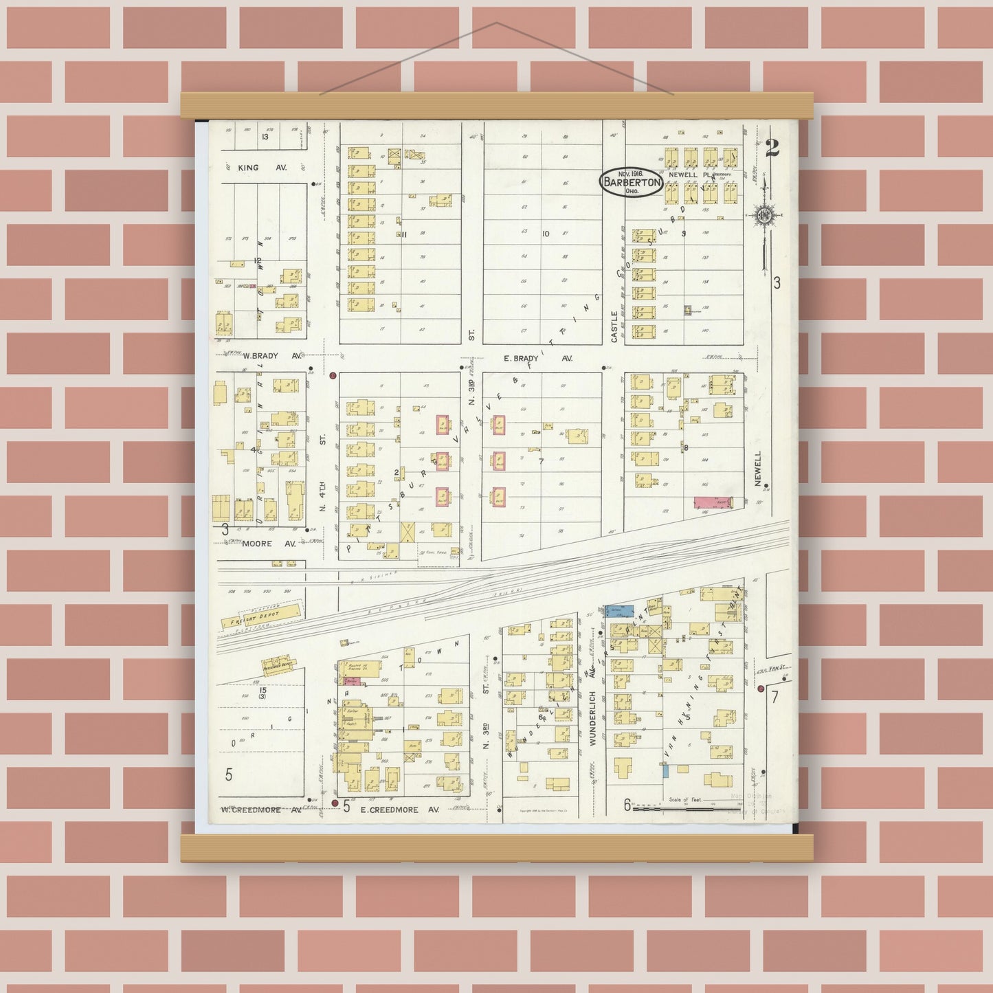 Old map wall art mockup — magnetic wood frame on brick wall — Sanborn Fire Insurance Map from Barberton, Summit County, Ohio (1916), Sheet #0002