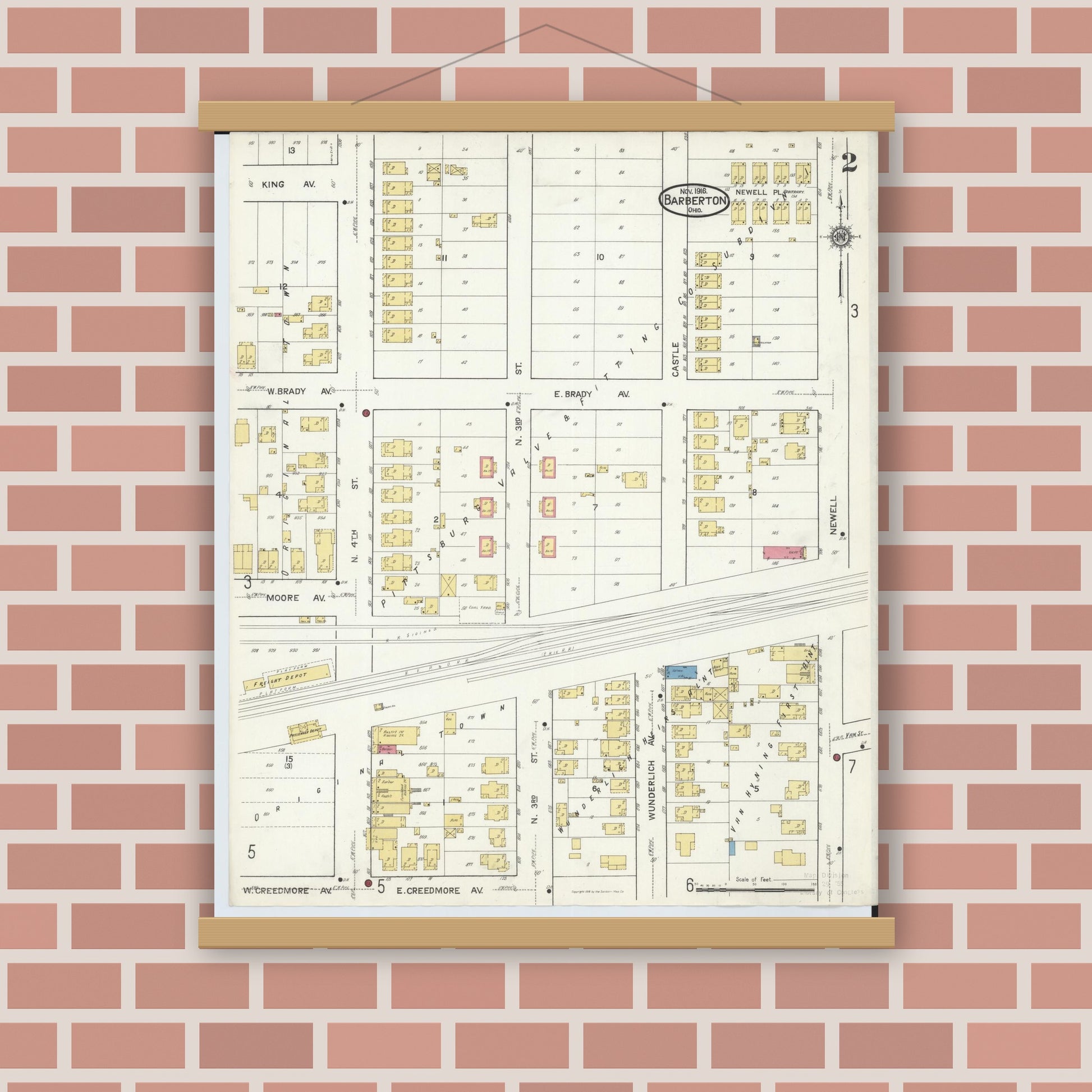 Old map wall art mockup — magnetic wood frame on brick wall — Sanborn Fire Insurance Map from Barberton, Summit County, Ohio (1916), Sheet #0002