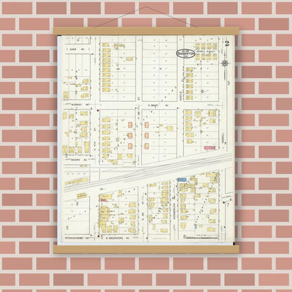 Old map wall art mockup — magnetic wood frame on brick wall — Sanborn Fire Insurance Map from Barberton, Summit County, Ohio (1916), Sheet #0002