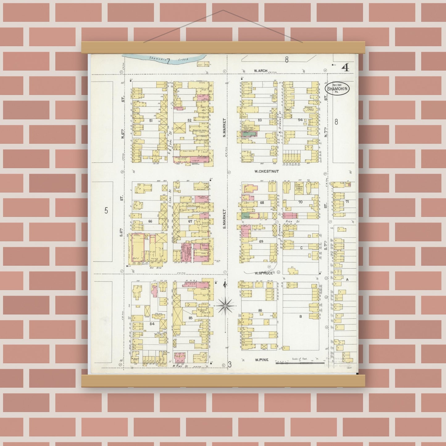 Old map wall art mockup — magnetic wood frame on brick wall — Sanborn Fire Insurance Map from Shamokin, Northumberland County, Pennsylvania (1901), Sheet #0004